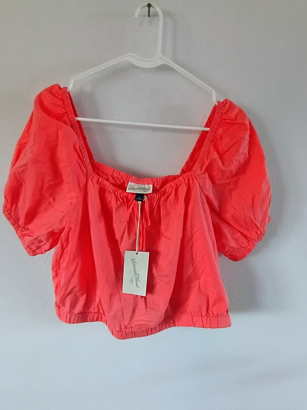 Universal Thread Puff Sleeve Crop Top Neon Coral Square Neck Medium NWT